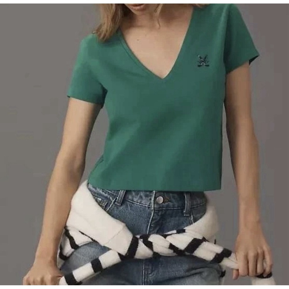 Maeve Anthropologie Womens Green V-Neck Golf Club Embroidered T-Shirt L